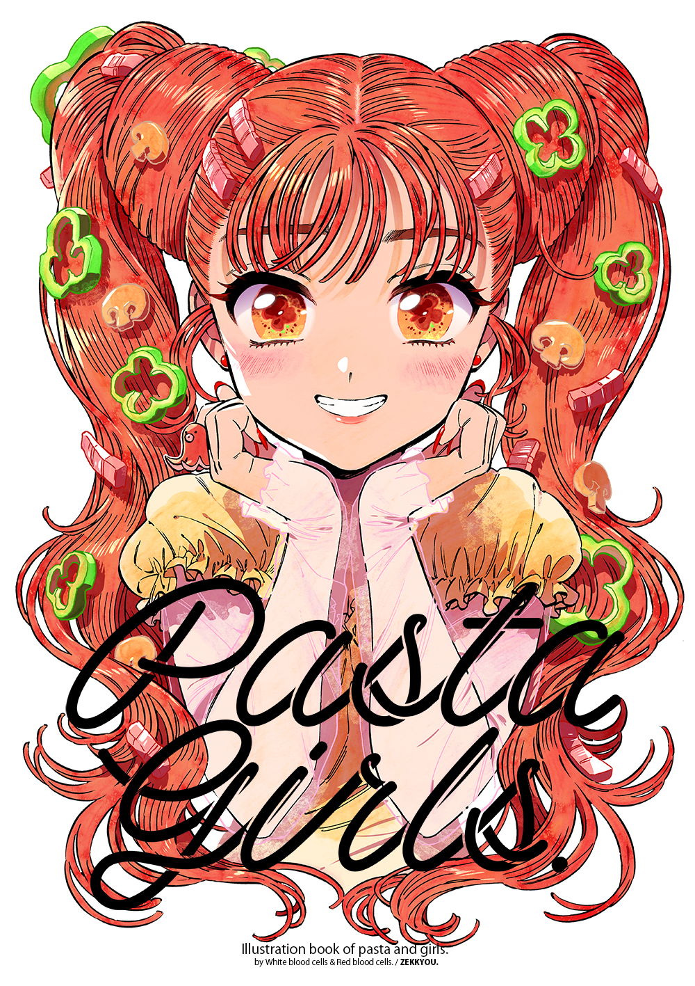 1girl, blush, earrings, english_text, food, food-themed_hair_ornament, food_art, grin