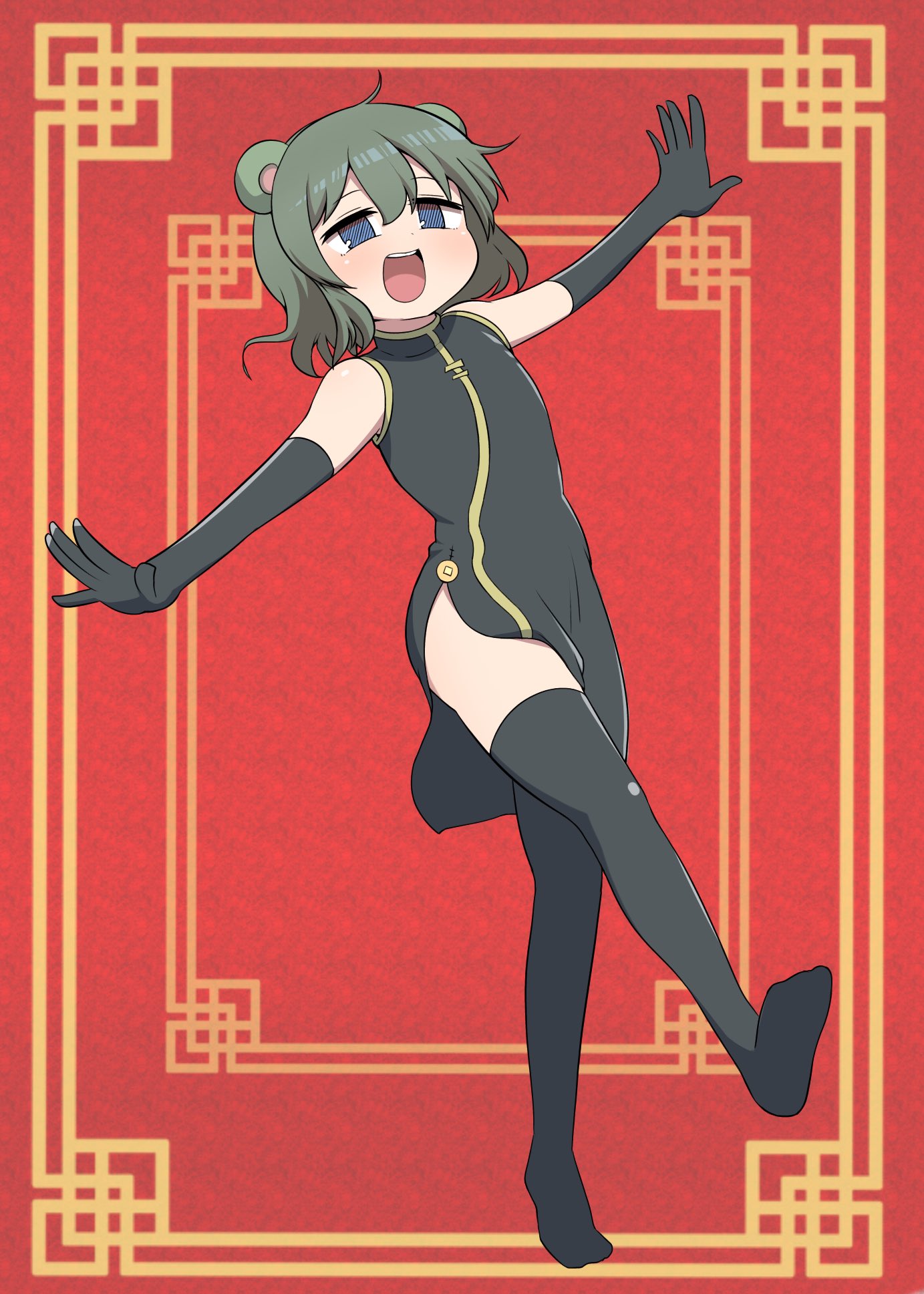 1girl, airplane_arms, animal_ears, bangs, black_dress, black_gloves, black_thighhighs, blush, china_dress, chinese_clothes, commentary_request, cookie_(touhou), dress, elbow_gloves, fake_nyon_(cookie), flat_chest, full_body, gloves, grey_hair, hair_between_eyes, highres, looking_at_viewer, madore, mouse_ears, mouse_girl, nazrin, no_shoes, open_mouth, outstretched_arms, red_background, short_hair, sleeveless, sleeveless_dress, smile, solo, spread_arms, thigh-highs, touhou