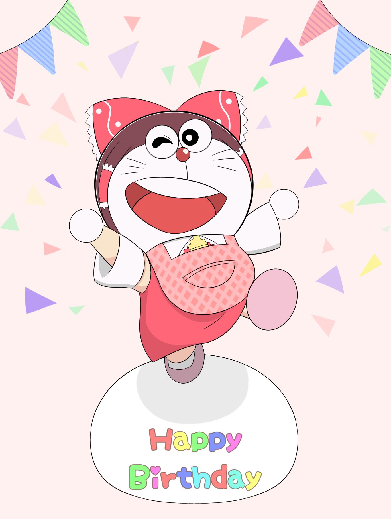apron, argyle_apron, bow, commentary_request, confetti, cookie_(touhou), cosplay, detached_sleeves, doraemon, doraemon_(character), dress, frilled_bow, frills, full_body, hair_bow, hakurei_reimu, hakurei_reimu_(cosplay), happy_birthday, highres, looking_at_viewer, madore, one_eye_closed, open_mouth, pink_apron, pink_footwear, red_bow, red_dress, rurima_(cookie), rurima_(cookie)_(cosplay), shoes, sleeveless, sleeveless_dress, smile, solo, touhou, white_sleeves