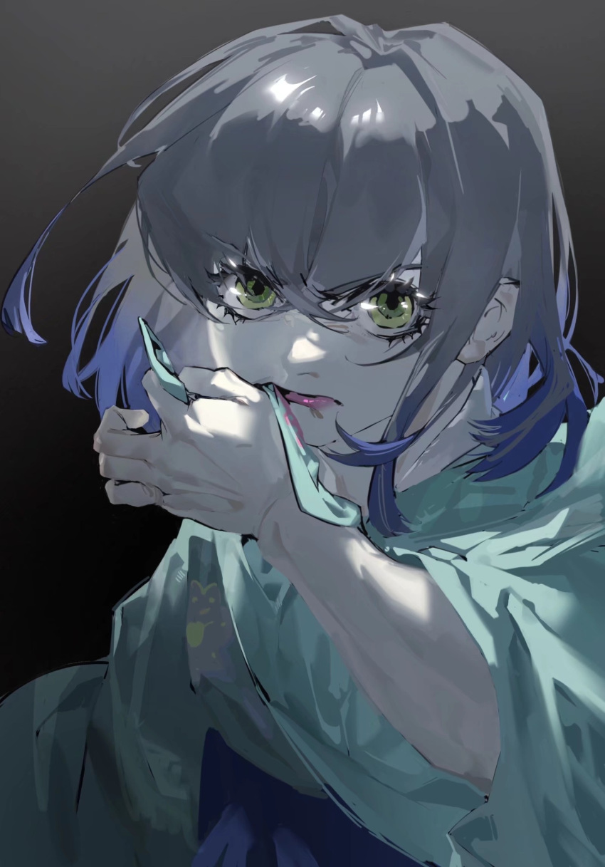 1girl, angry, aqua_kimono, black_background, black_hair, blue_hair, closed_mouth, crossdressing