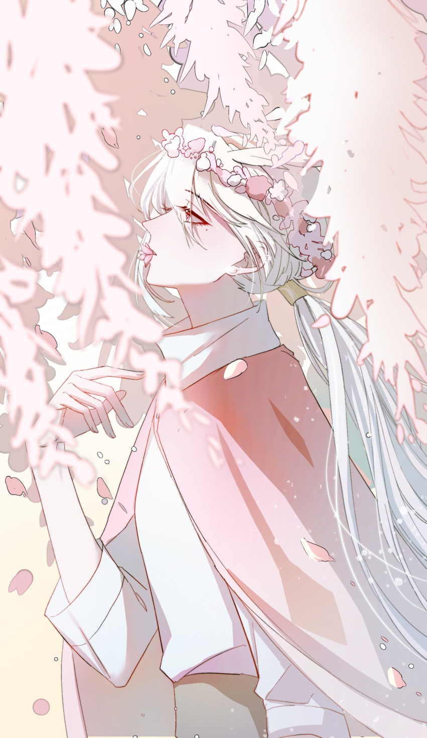 1boy, absurdres, androgynous, bishounen, cape, flower_in_mouth, girly_boy, grey_hair, hand_up, highres, long_sleeves, male_focus, mimizuku_(sky:_children_of_the_light), mole, mole_under_eye, mouth_hold, pointy_hair, ponytail, sash, shijianshaoyoudemeinanzid, sky:_children_of_the_light, solo, upper_body, white_hair, wreath, yellow_eyes