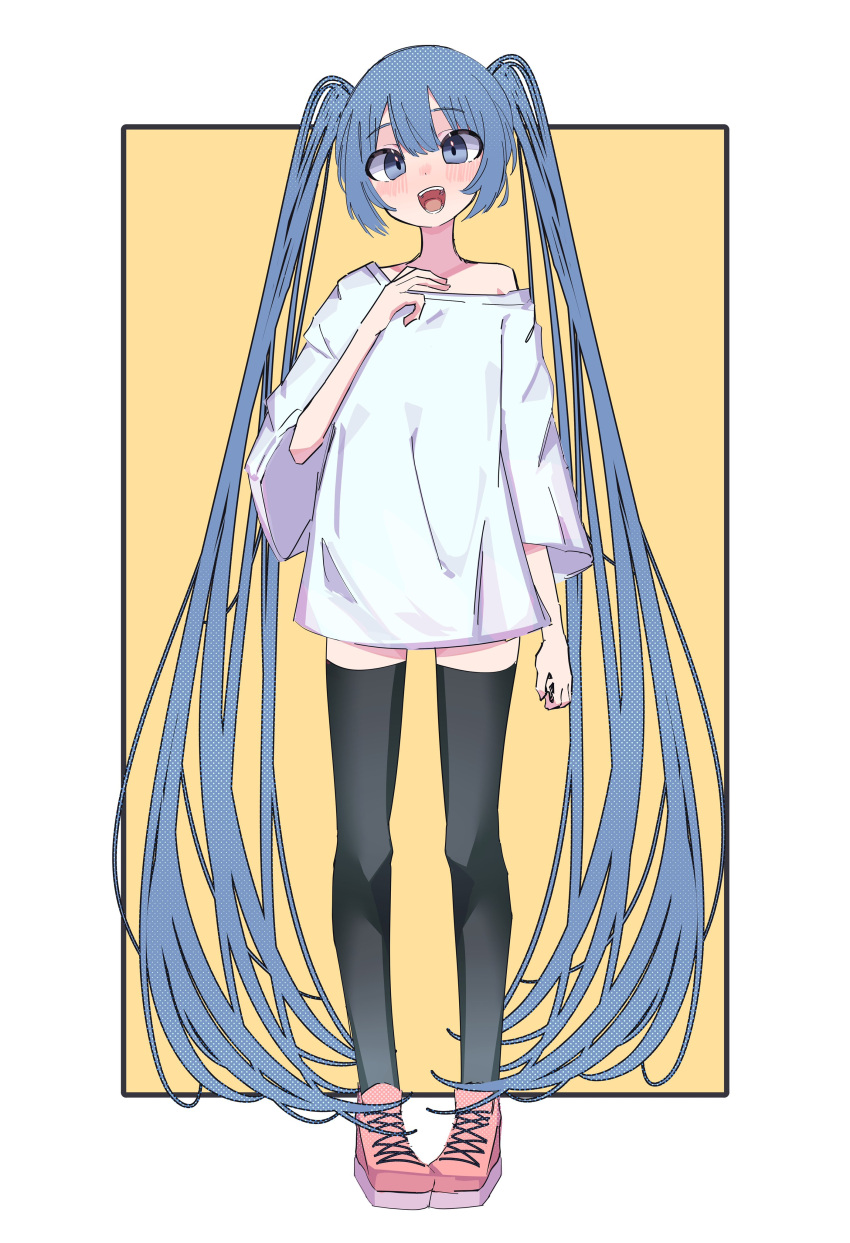 1girl, absurdres, aqua_eyes, bare_shoulders, blush, border, framed, hand_on_own_chest, hatsune_miku, highres, light_blue_hair, long_hair, long_shirt, looking_at_viewer, loose_sleeves, myakuroekako, off_shoulder, open_mouth, pigeon-toed, pink_footwear, shirt, shoes, smile, sneakers, solo, t-shirt, thigh-highs, twintails, very_long_hair, vocaloid, wide_sleeves, yellow_background, zettai_ryouiki