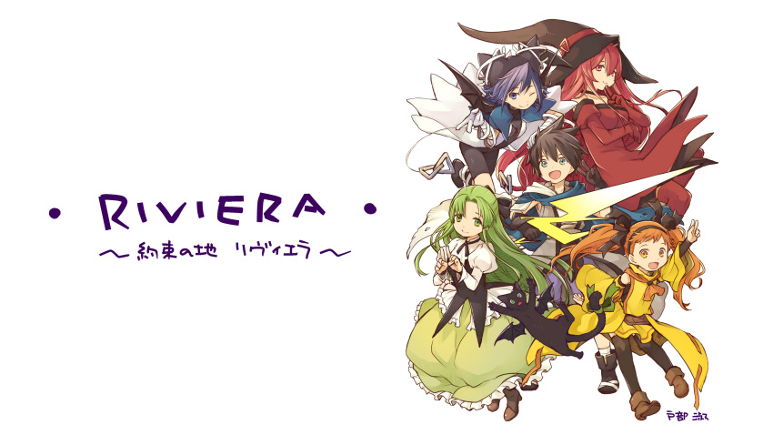 1boy, 4girls, absurdres, anniversary, aqua_eyes, bandages, bangs, bat_wings, bike_shorts, black_bow, black_cat, blue_eyes, blue_hair, boots, bow, bridal_gauntlets, brown_hair, cape, capelet, cat, choker, cierra_(riviera), detached_sleeves, dress, ecthel_(riviera), elbow_gloves, fia_(riviera), finger_to_mouth, frilled_dress, frilled_skirt, frills, gloves, green_eyes, green_hair, hair_bow, hairband, hat, highres, holding, holding_weapon, juliet_sleeves, long_hair, long_sleeves, lyuri_(riviera), multiple_girls, official_art, official_wallpaper, one_eye_closed, open_mouth, orange_eyes, orange_hair, parted_bangs, puffy_sleeves, red_dress, red_eyes, redhead, ribbon, riviera, rose_(riviera), sailor_collar, serene_(riviera), shorts, skirt, sleeveless, sleeveless_dress, smile, strapless, strapless_dress, sword, tail, tail_ornament, tail_ribbon, thigh-highs, tobe_sunaho, torn_cape, torn_clothes, twintails, v, weapon, white_background, wings, witch_hat