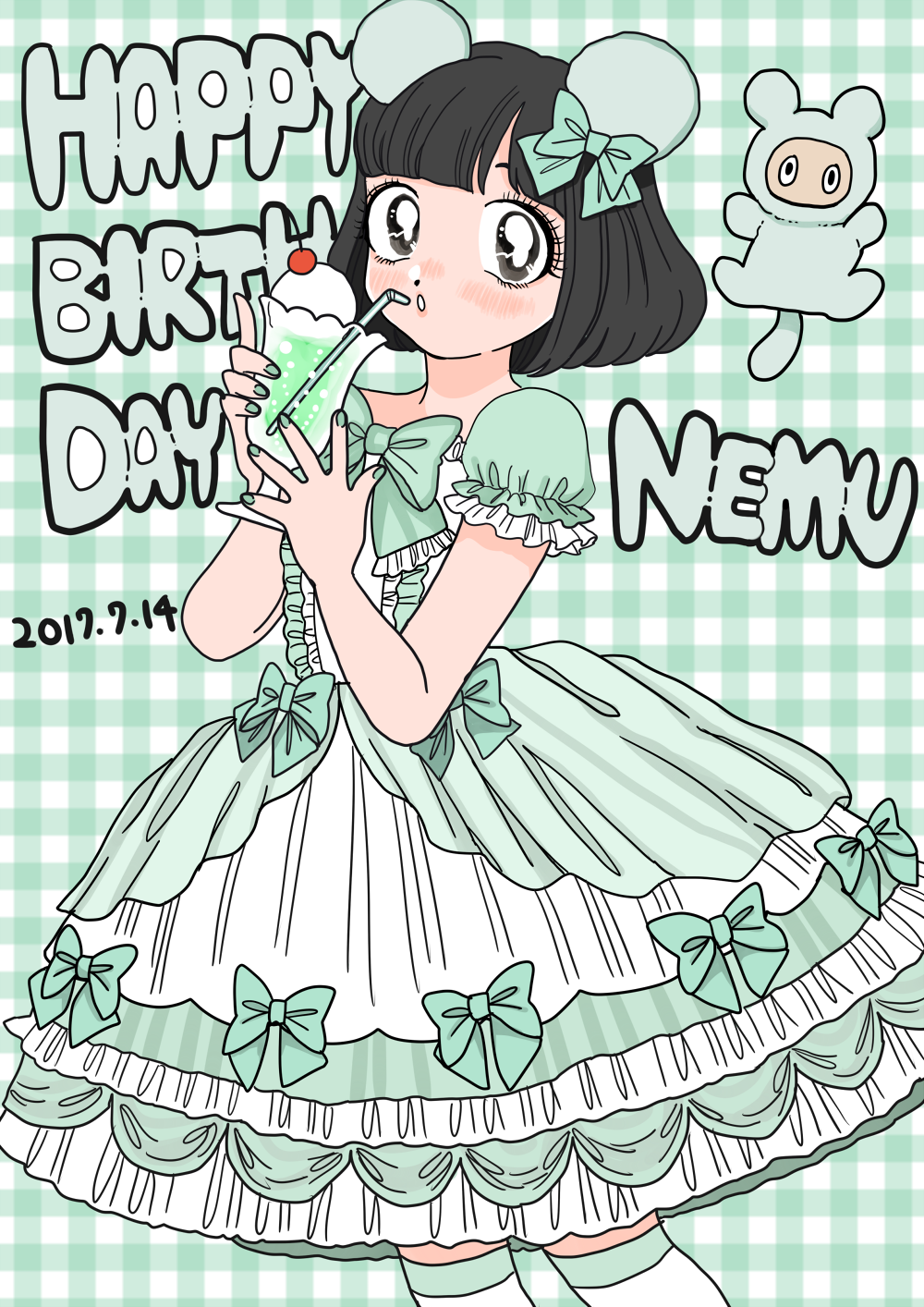 1girl, amamams, black_eyes, black_hair, blush, bow, bun_cover, center_frills