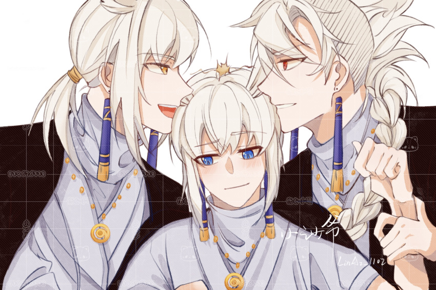 3boys, bai_xiao, blue_eyes, braid, caleb_(sky:_children_of_the_light), earrings, face-to-face, fireworks, grey_hair, highres, jewelry, long_hair, long_sleeves, male521842, mimizuku_(sky:_children_of_the_light), multiple_boys, necklace, open_mouth, pointy_hair, ponytail, profile, red_eyes, siblings, single_braid, sky:_children_of_the_light, sparkler, tassel, tassel_earrings, twins, upper_body, v-shaped_eyebrows, white_hair, yellow_eyes