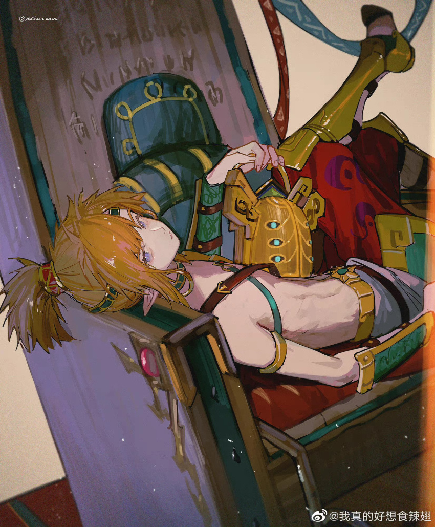 1boy, abs, akihare, armor, baggy_pants, blonde_hair, blue_eyes, circlet, crossed_legs, cuisses, desert_voe_set_(zelda), earrings, greaves, helmet, highres, holding, holding_helmet, hoop_earrings, igote, jewelry, link, looking_at_viewer, looking_back, lying, male_focus, neck_ring, on_back, pants, pectorals, red_pants, shin_guards, sitting_sideways, solo, the_legend_of_zelda, the_legend_of_zelda:_breath_of_the_wild, throne, toned, toned_male, topknot