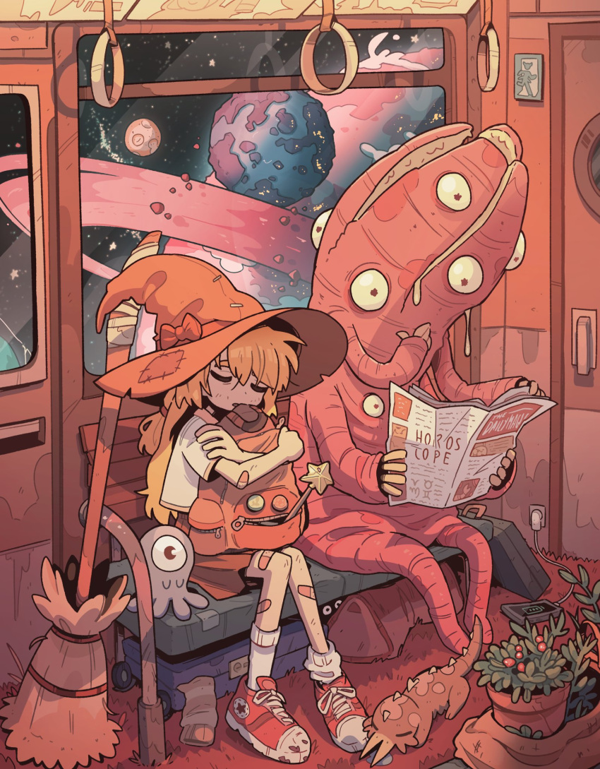 1girl, alien, backpack, backpack_removed, bag, bandaid, bandaid_on_arm, bandaid_on_leg, bench, briefcase, broom, bruise, carles_dalmau, cellphone, charger, closed_eyes, commentary, creature, door, exit_sign, full_body, hand_grip, hat, highres, injury, long_hair, monster, open_mouth, orange_hair, orange_headwear, original, patch, phone, planet, planetary_ring, plant, potted_plant, red_footwear, shirt, shoes, short_sleeves, sky, sleeping, smartphone, sneakers, socks, space, star_(sky), starry_sky, suitcase, symbol-only_commentary, train_interior, wand, white_shirt, white_socks, window, witch_hat