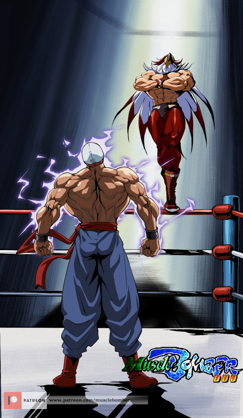 2boys, crossover, fatal_fury, fighting, garou:_mark_of_the_wolves, griffon_mask, highres, knee_pads