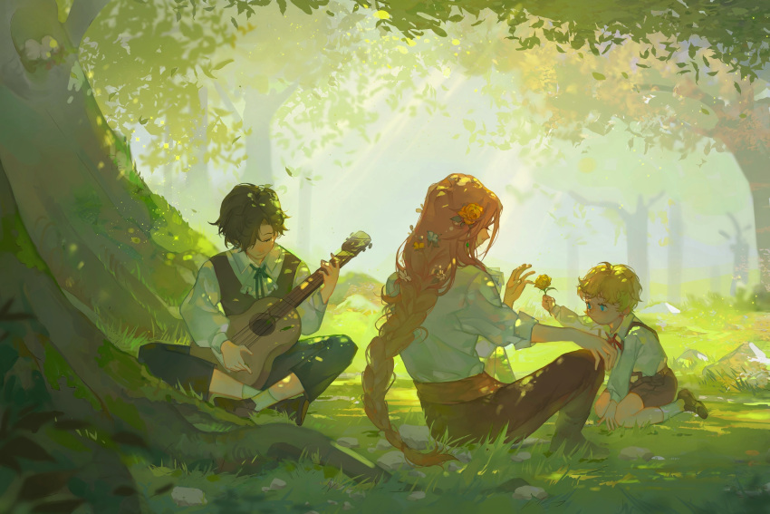 3boys, acoustic_guitar, bangs, black_hair, black_pants, blonde_hair, blue_ribbon, braid, braided_ponytail, brown_pants, brown_shorts, character_request, child, closed_eyes, collared_shirt, dappled_sunlight, day, dream_smp, eyelashes, feisekong286, flower, flower_braid, forest, giving, grass, guitar, hair_flower, hair_ornament, hair_over_one_eye, hand_up, highres, holding, holding_flower, holding_instrument, indian_style, instrument, knees_up, long_hair, long_sleeves, looking_at_another, looking_away, male_child, moss, multiple_boys, music, nature, neck_ribbon, on_ground, outdoors, outstretched_arm, pants, playing_instrument, red_ribbon, ribbon, rock, shirt, shoes, short_hair, shorts, single_braid, sitting, sunlight, suspender_shorts, suspenders, technoblade, tommyinnit, tree, tree_shade, under_tree, very_long_hair, vest, wariza, white_shirt, yellow_flower