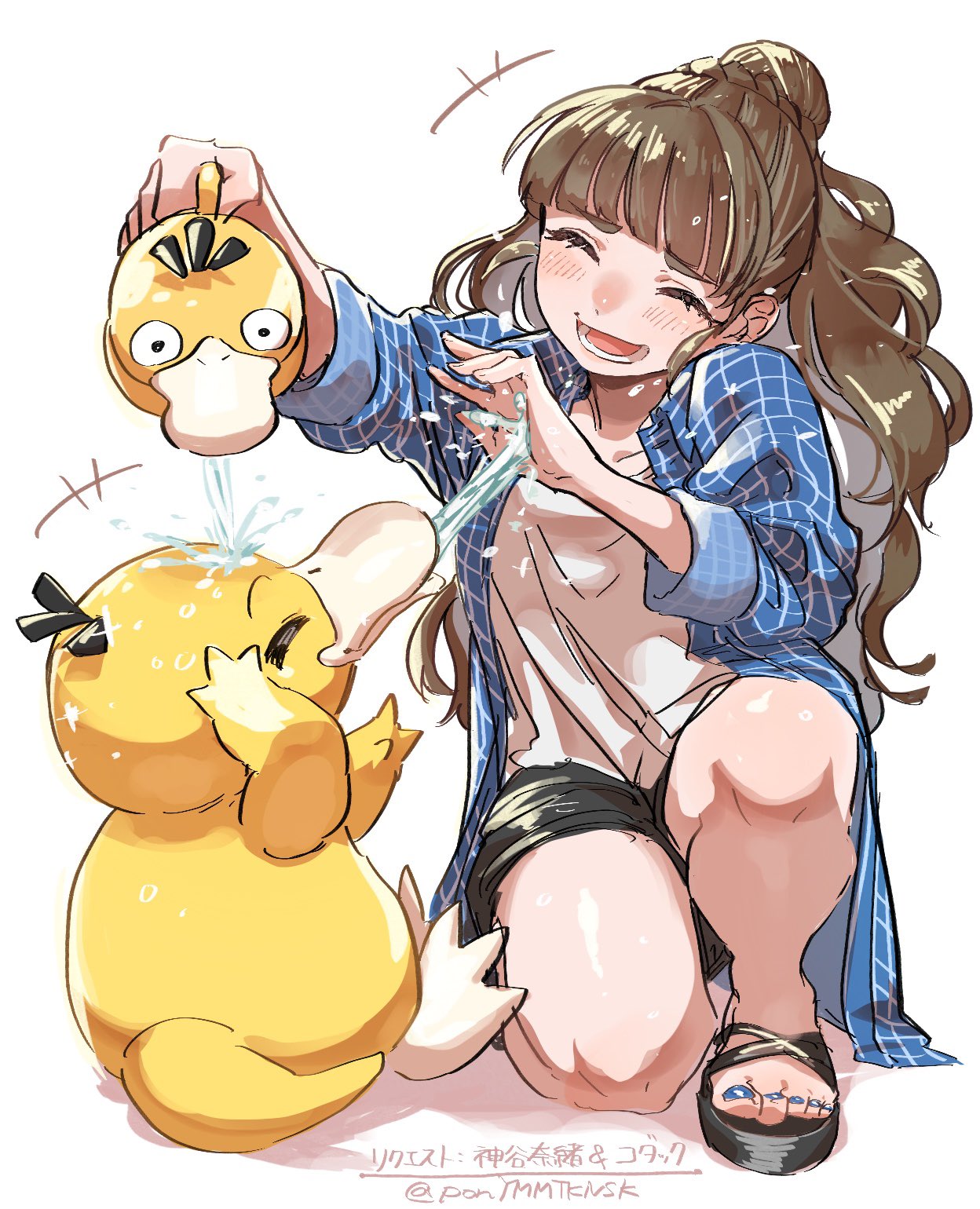 1girl, ^_^, ^o^, bangs, black_shorts, blocking, blue_jacket, blunt_bangs