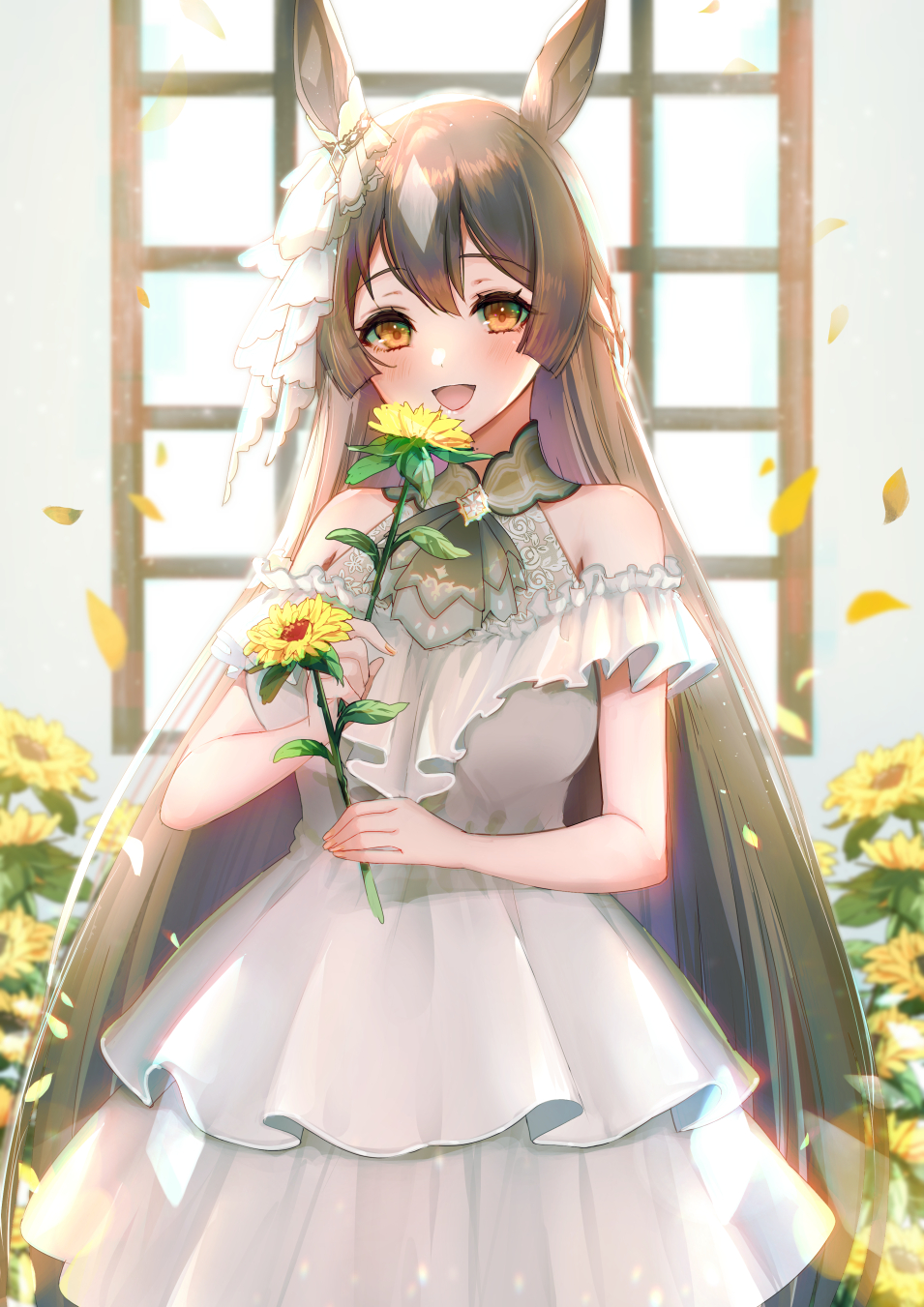 1girl, :d, adapted_costume, animal_ears, bare_shoulders, blush, breasts, brown_eyes