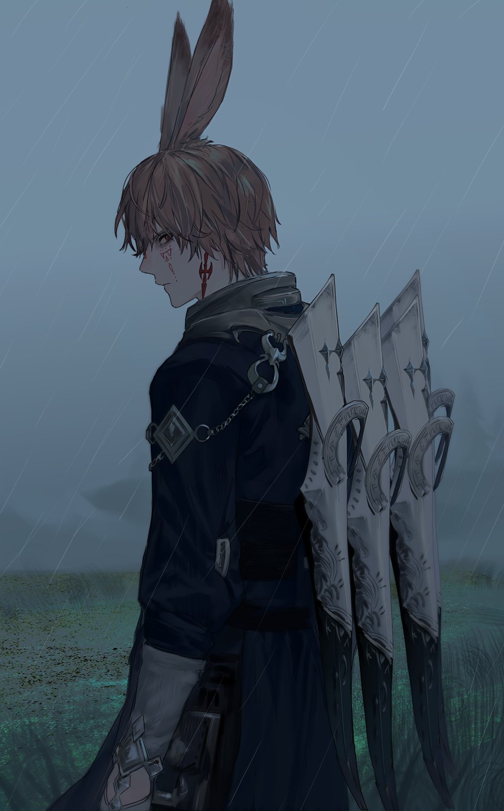 1boy, animal_ears, arm_at_side, bangs, blue_coat, brown_hair, coat, cowboy_shot, earrings, elbow_gloves, facial_tattoo, final_fantasy, final_fantasy_xiv, from_behind, gloves, grass, grey_gloves, grey_sky, highres, jewelry, loifa, long_sleeves, looking_at_viewer, looking_back, male_focus, nozouko, outdoors, rabbit_ears, rain, red_eyes, sage_(final_fantasy), serious, short_hair, sky, solo, standing, tattoo, viera, weapon, weapon_on_back
