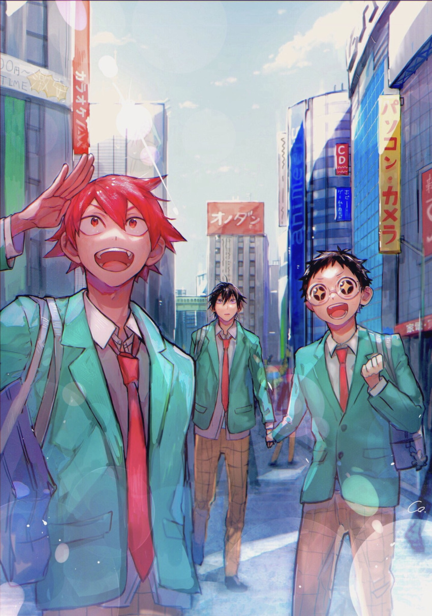 +_+, 3boys, black_hair, building, character_request, commentary_request, glasses, highres