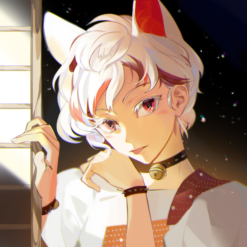 1girl, :p, animal_ears, bell, black_choker, bracelet, cat_ears, choker, commentary, extra_ears, eyebrows_hidden_by_hair, eyelashes, fingernails, goutokuji_mike, highres, its8b, jewelry, jingle_bell, looking_at_viewer, multicolored_hair, portrait, red_eyes, redhead, shirt, short_hair, sliding_doors, solo, spiked_bracelet, spiked_choker, spikes, tongue, tongue_out, touhou, two-tone_hair, white_hair, white_shirt