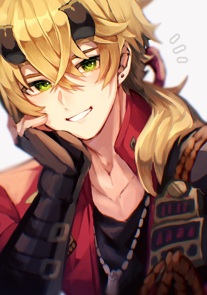 1boy, ayacho_mato, bangs, black_gloves, black_shirt, blonde_hair, blush, collarbone