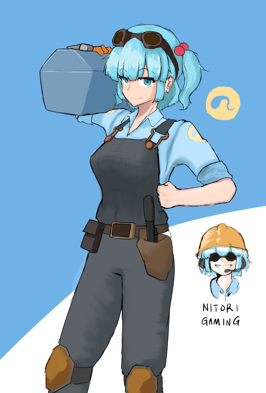 1girl, absurdres, belt, blue_hair, commentary_request, cosplay, cowboy_shot, goggles
