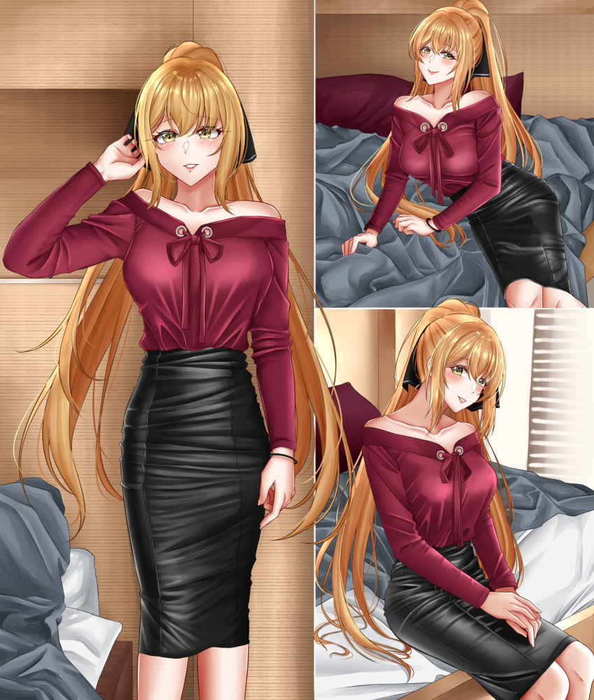1girl, bangs, bare_shoulders, bed, bed_sheet, bedroom, black_ribbon, black_skirt