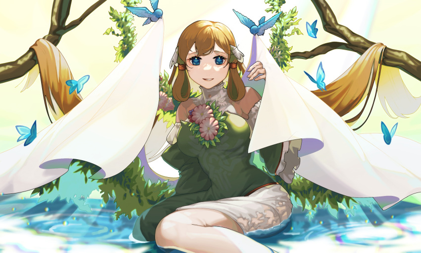 1girl, bangs, bare_shoulders, bird, blonde_hair, blue_eyes, breasts, bug