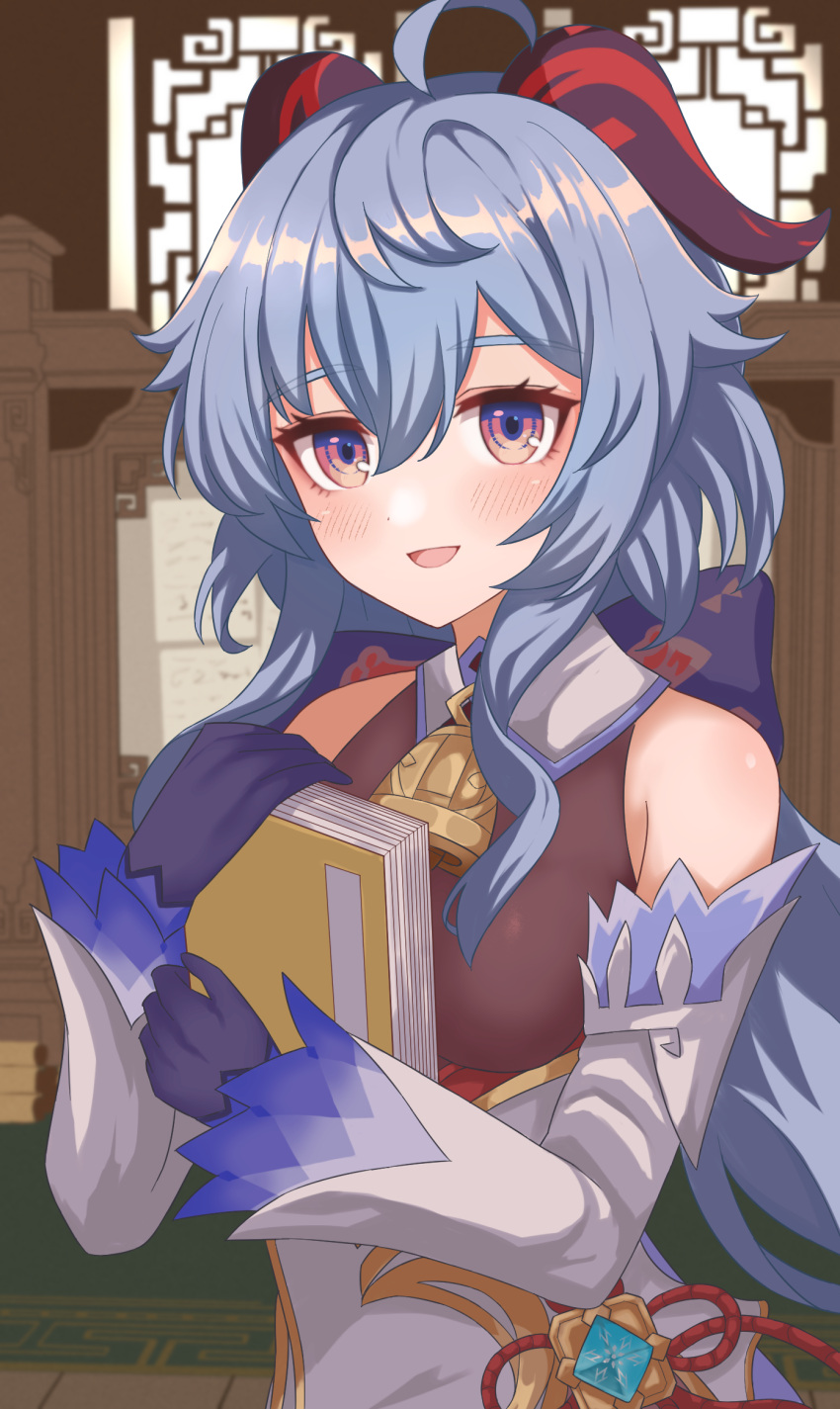 1girl, ahoge, bangs, bare_shoulders, bell, blue_gloves, blue_hair, blush