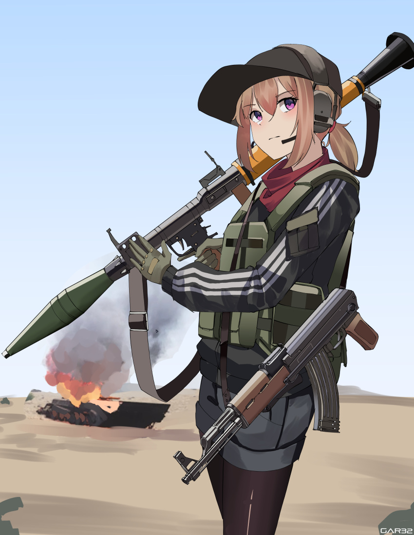 1girl, absurdres, aks-47, artist_name, assault_rifle, bangs, baseball_cap, black_headwear, black_jacket, blue_sky, blush, brown_hair, closed_mouth, commentary, day, desert, ear_protection, fire, gar32, gloves, green_gloves, grey_shorts, gun, hair_between_eyes, hat, headgear, highres, holding, holding_gun, holding_weapon, jacket, kalashnikov_rifle, legwear_under_shorts, long_sleeves, looking_away, looking_to_the_side, original, outdoors, pantyhose, puffy_long_sleeves, puffy_sleeves, rifle, rocket_launcher, rpg, rpg-7, sand, short_shorts, shorts, sky, solo, violet_eyes, weapon