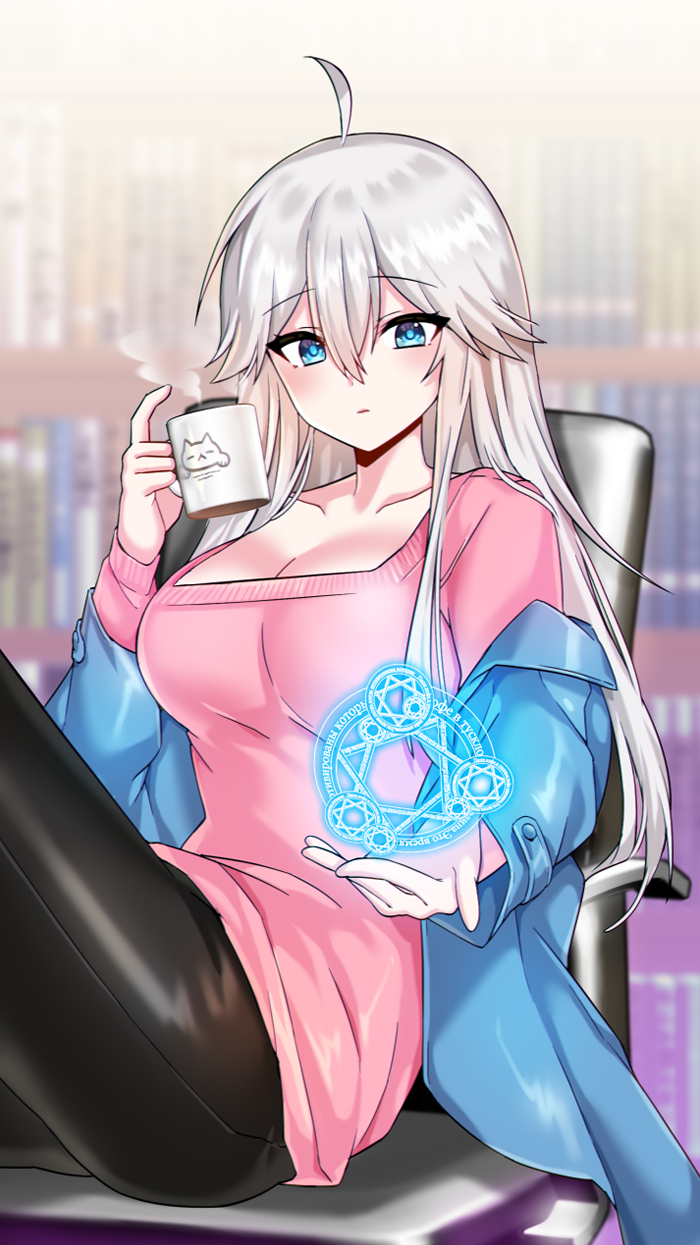 1girl, ahoge, bangs, black_pants, blue_eyes, bookshelf, breasts, chair