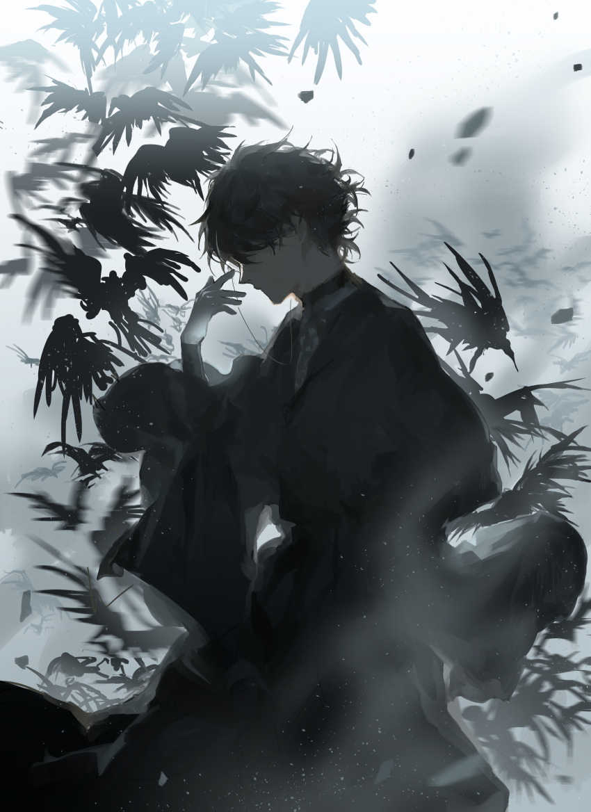 1boy, absurdres, adjusting_eyewear, amon_(lord_of_the_mysteries), angel, bangs, bird, black_hair