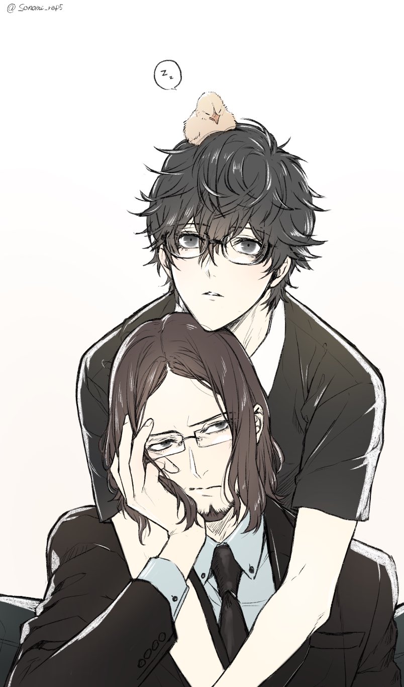 2boys, amamiya_ren, animal, animal_on_head, bangs, beard, bird, black_eyes