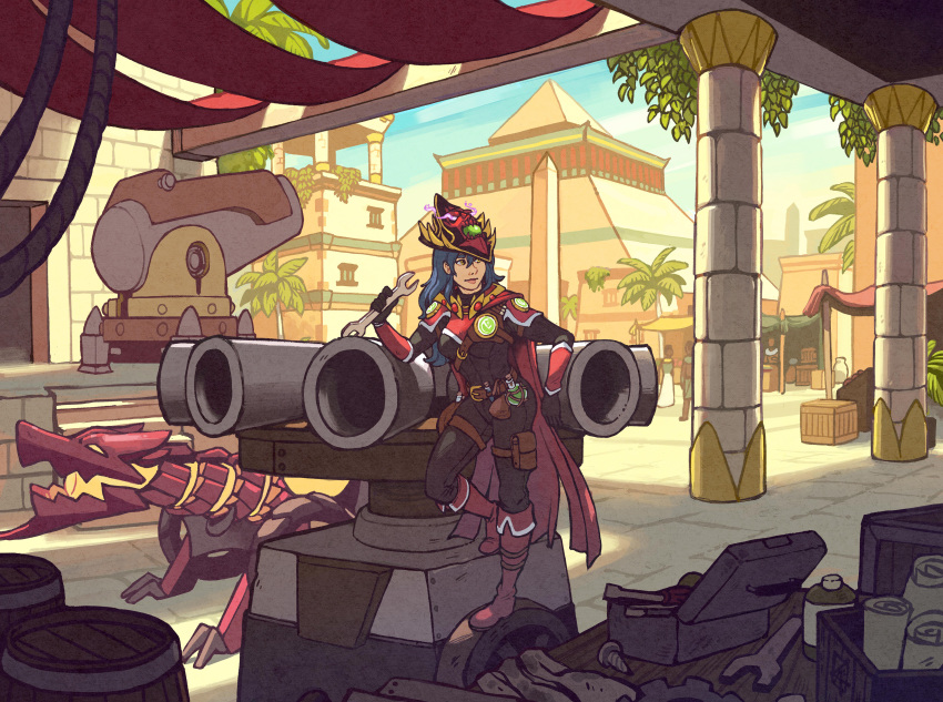 1girl, absurdres, architecture, armor, blue_hair, breasts, cannon, closed_mouth, commentary, completionist's_cape, dang_(runescape), duellist's_cap_(tier_6), dwarf_multicannon, egyptian_clothes, english_commentary, glowing, glowing_eyes, hand_up, highres, leaning_on_object, long_hair, looking_away, medium_breasts, menaphos, outdoors, pyramid, runescape, runescape_classic, shade, shuravf, solo, standing, standing_on_object, thick_eyebrows, white_trim, wrench, yellow_eyes