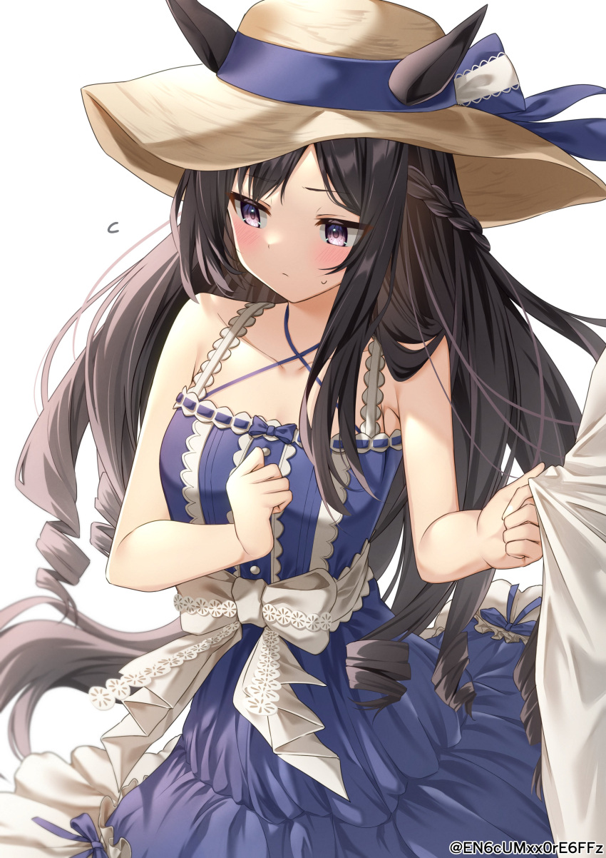 1girl, absurdres, animal_ears, black_hair, blush, breasts, collarbone, commentary_request, embarrassed, hat, highres, horse_ears, horse_girl, long_hair, medium_breasts, mejiro_dober_(umamusume), solo_focus, straw_hat, tucking, twitter_username, umamusume, violet_eyes, white_background, yamano_rokamizu