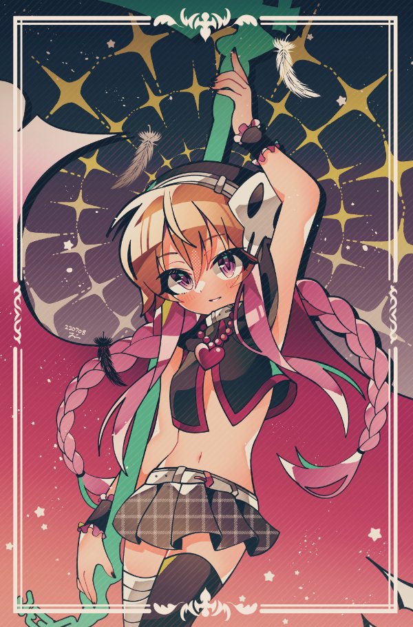 1girl, arm_up, bandaged_leg, bandages, bead_necklace, beads, belted_skirt, black_background