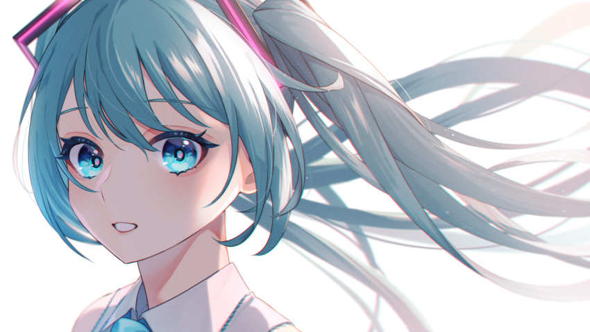 1girl, bangs, blue_eyes, blue_hair, collared_shirt, commentary, commentary_request, floating_hair