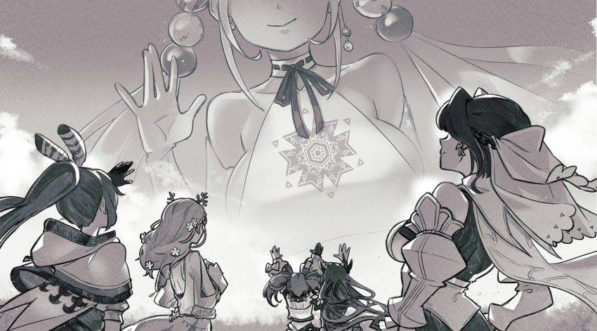 6+girls, absurdres, ahoge, animal_ears, antlers, back, back_cutout, bare_shoulders, bow, bow_earrings, branch, cape, capelet, ceres_fauna, cloak, clothing_cutout, clouds, cloudy_sky, collar, crop_top, dark-skinned_female, dark_skin, detached_sleeves, dress, earrings, feather_hair_ornament, feathers, flower, gen_uma_mai, gloves, greyscale, hair_flower, hair_intakes, hair_ornament, hakos_baelz, halter_top, halterneck, highres, holocouncil, hololive, hololive_english, horns, irys_(hololive), jewelry, long_hair, long_sleeves, midriff, monochrome, mouse_ears, mouse_girl, mouse_tail, multicolored_hair, multiple_girls, nanashi_mumei, off-shoulder_shirt, off_shoulder, ouro_kronii, planet_hair_ornament, ponytail, sailor_collar, shirt, short_hair, sidelocks, single_glove, sky, sleeveless, sleeveless_shirt, smile, spiked_collar, spikes, strapless, strapless_shirt, streaked_hair, tail, tank_top, tsukumo_sana, twintails, veil, very_long_hair, virtual_youtuber, waving