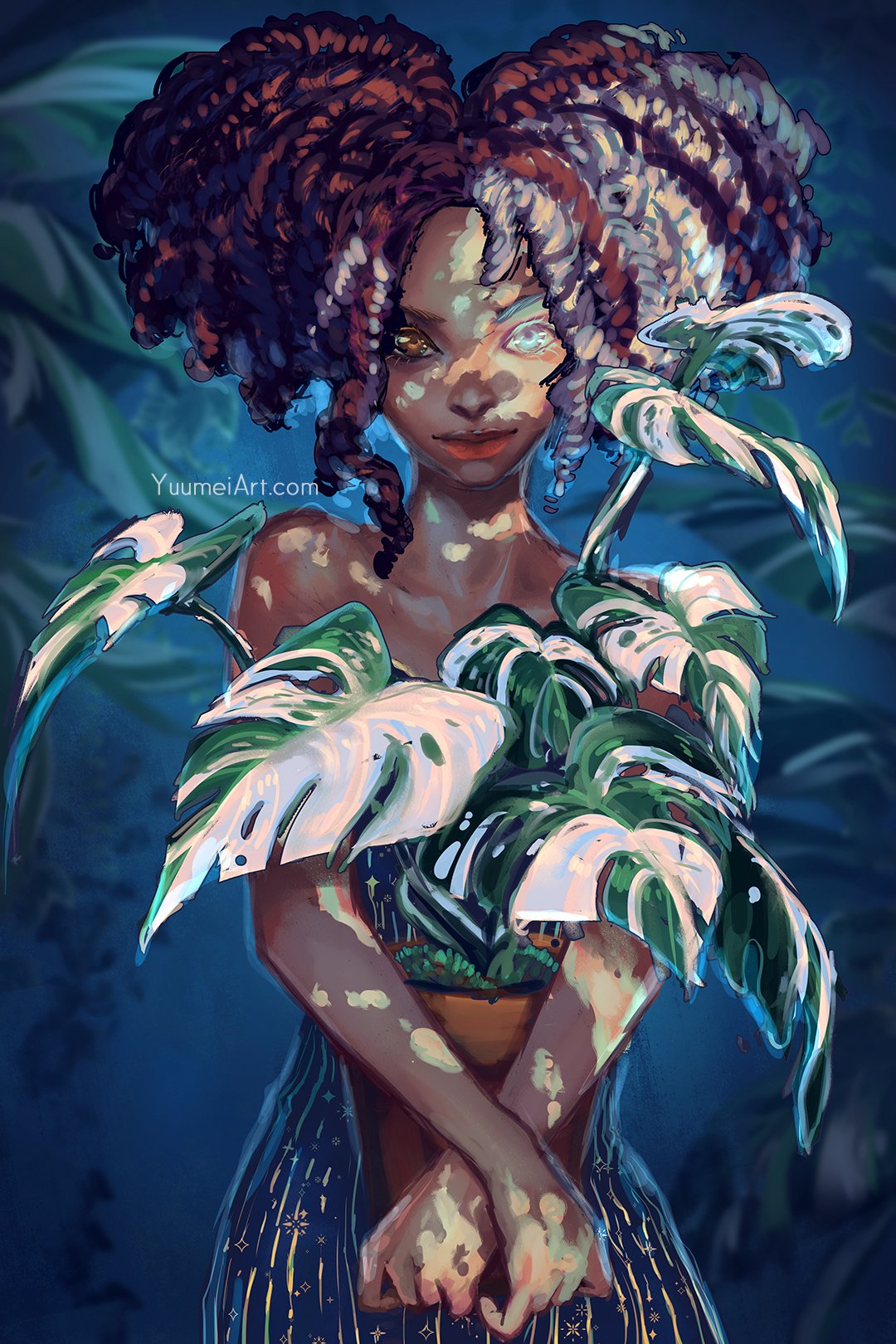 1girl, artist_name, blue_eyes, brown_eyes, dark-skinned_female, dark_skin, dreadlocks, forest