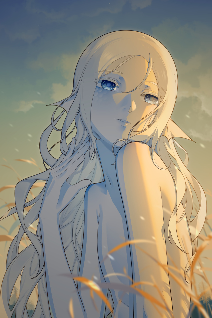 1boy, absurdres, albino, androgynous, blue_eyes, colored_eyelashes, colored_skin, hand_up