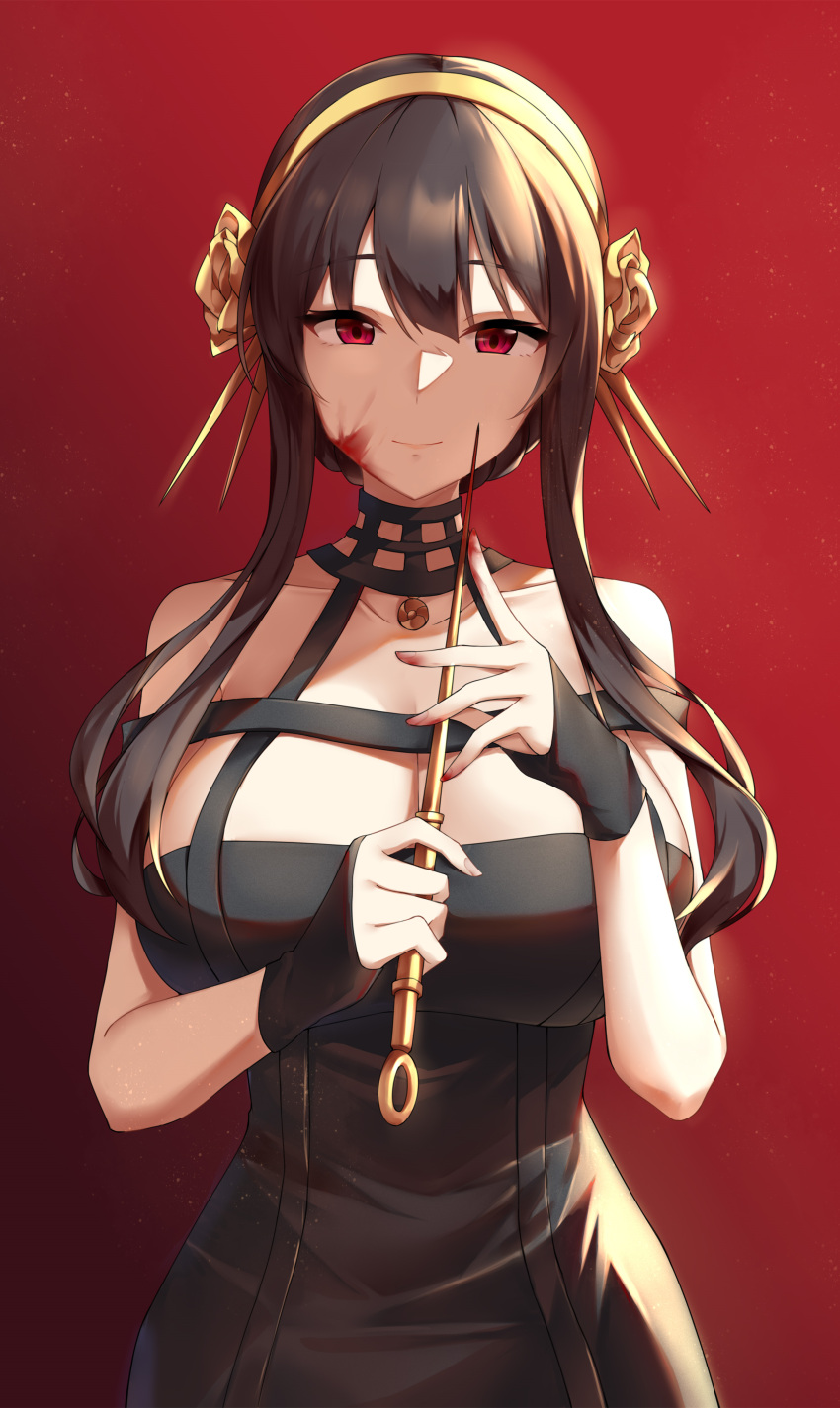 1girl, absurdres, black_dress, black_gloves, black_hair, blood, blood_on_face, blood_on_hands