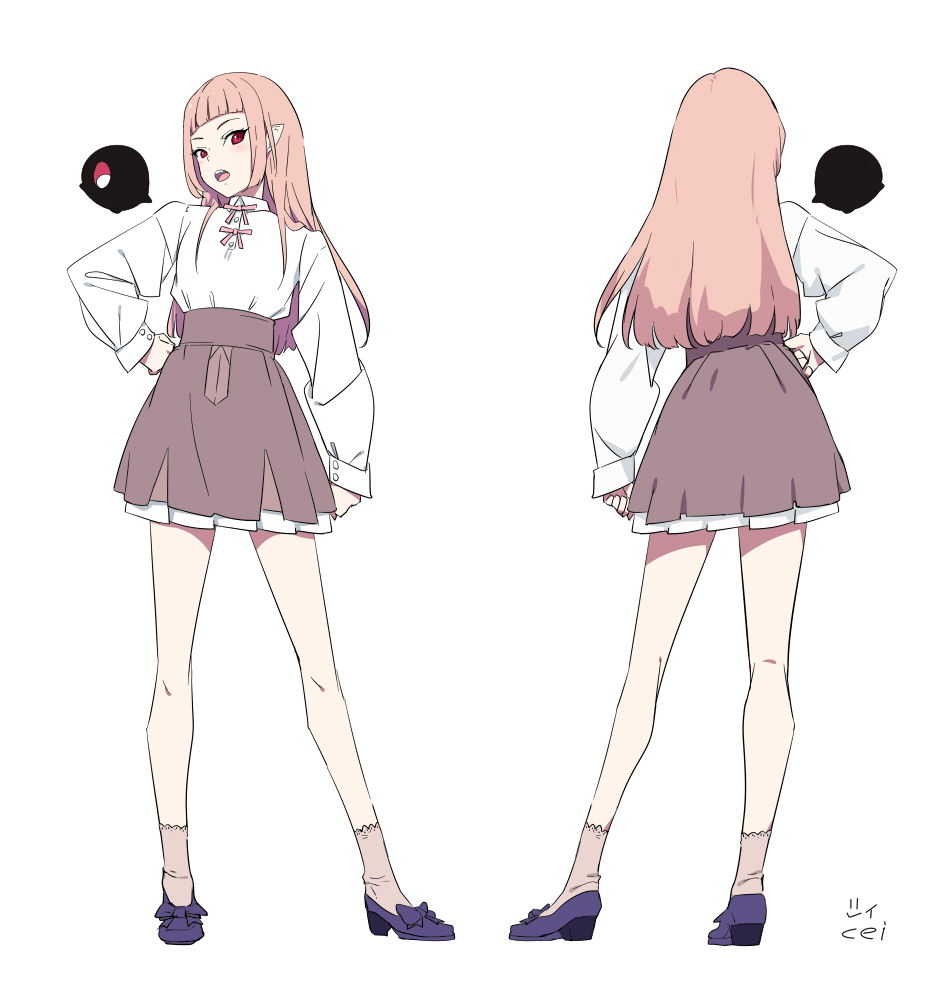 1girl, bangs, blunt_bangs, brown_skirt, cei_(sohin), character_name, full_body, hand_on_hip, high_tops, long_hair, long_sleeves, looking_at_viewer, multiple_views, open_mouth, original, petticoat, pink_hair, pointy_ears, purple_footwear, red_eyes, reference_sheet, shirt, shirt_tucked_in, sidelocks, simple_background, skirt, socks, sohin, turnaround, white_background, white_shirt