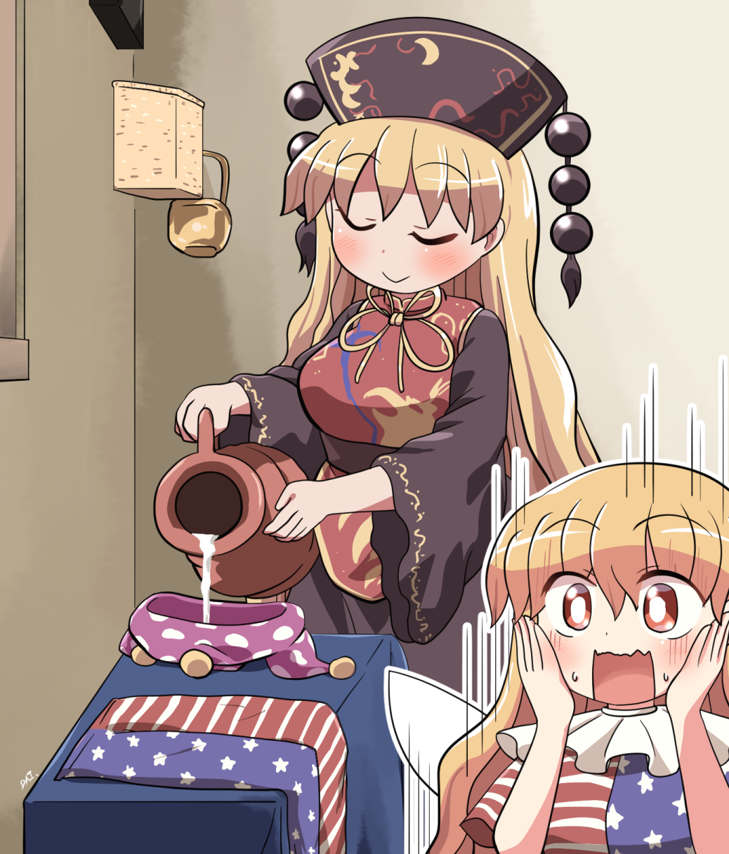 2girls, american_flag_dress, american_flag_legwear, black_dress, black_headwear, blonde_hair, blush, chinese_clothes