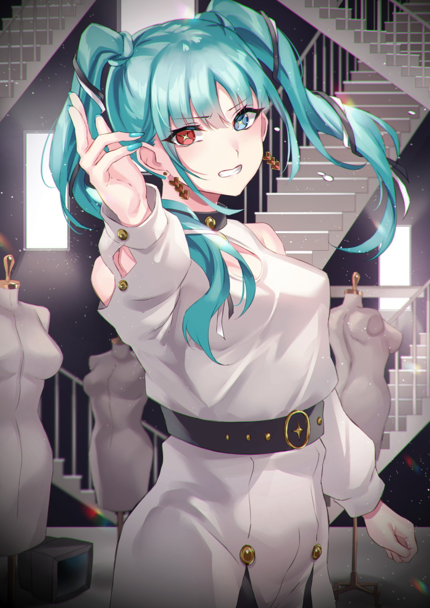 1girl, aqua_hair, aqua_nails, bare_shoulders, belt, black_choker, black_ribbon, blue_eyes