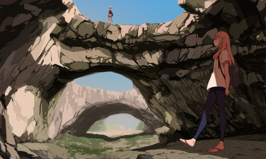 2girls, arms_behind_back, backpack, bag, bangs, blunt_bangs, cei_(sohin), day