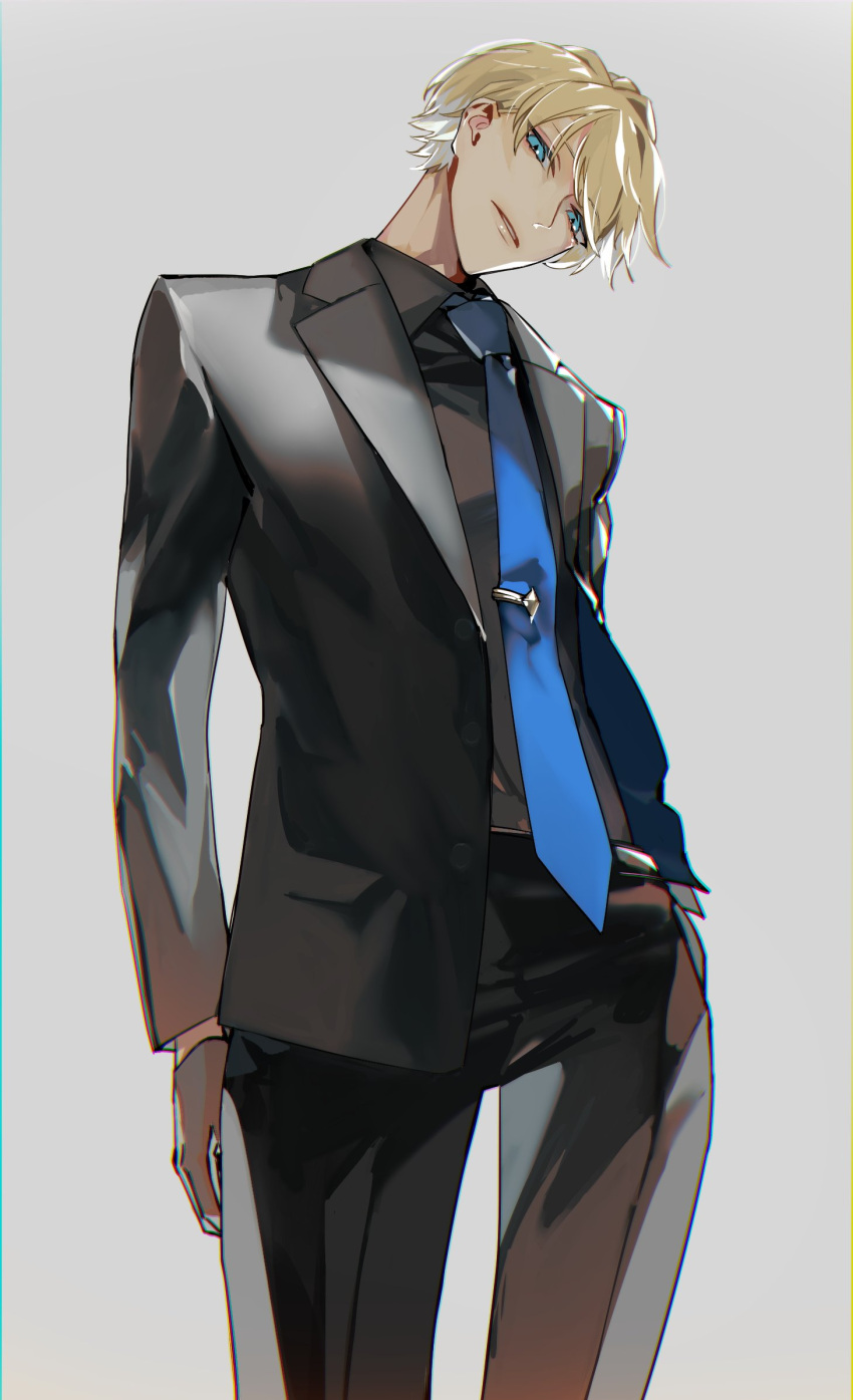 1boy, alternate_costume, black_gloves, black_jacket, black_pants, black_shirt, blonde_hair, blue_eyes