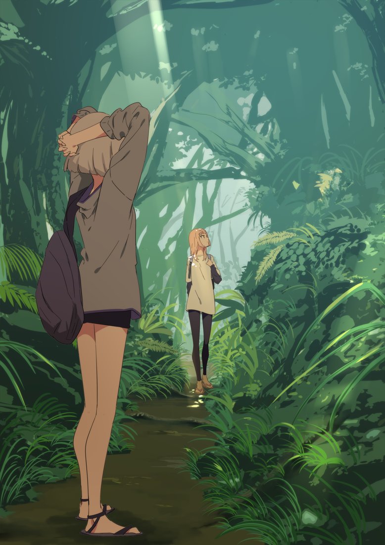 2girls, arms_behind_head, arms_up, backpack, bag, cei_(sohin), foliage, forest, grey_hair, grey_jacket, hood, hooded_jacket, jacket, leggings, long_hair, long_sleeves, mee_(sohin), multiple_girls, nature, original, outdoors, pink_hair, plant, sandals, shirt, short_hair, sohin, standing, walking, white_shirt