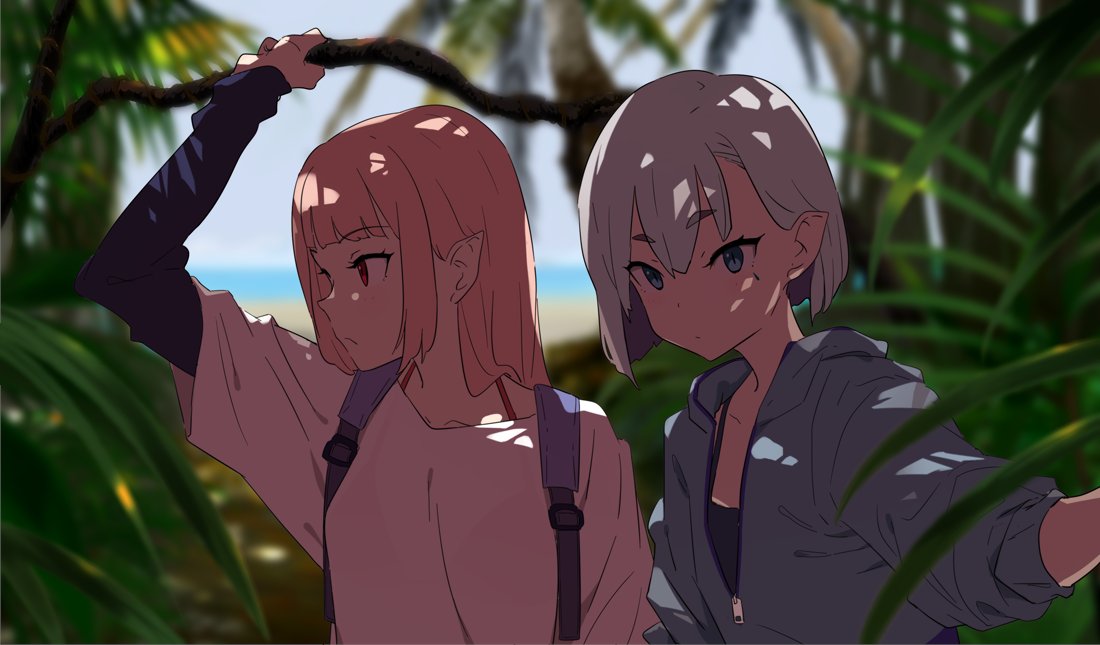 2girls, backpack, bag, bangs, blue_jacket, blurry, blurry_background, branch, cei_(sohin), forest, grey_hair, jacket, long_hair, looking_at_viewer, mee_(sohin), multiple_girls, nature, original, outdoors, palm_tree, pointy_ears, red_eyes, shade, shirt, short_hair, sleeves_rolled_up, slit_pupils, sohin, teardrop_facial_mark, tree, upper_body, white_shirt