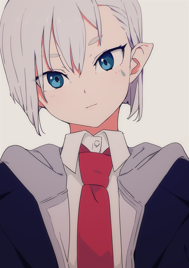 1girl, bangs, black_jacket, blue_eyes, closed_mouth, collared_shirt, grey_background, grey_hair