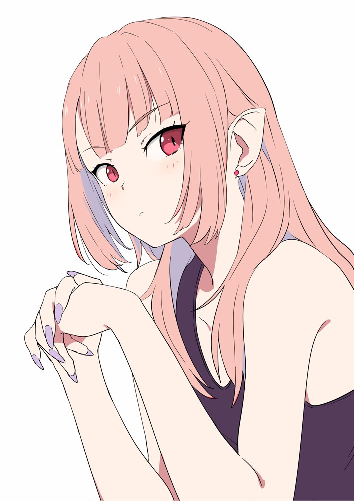 1girl, bangs, bare_shoulders, blue_eyes, cei_(sohin), closed_mouth, earrings, fingernails