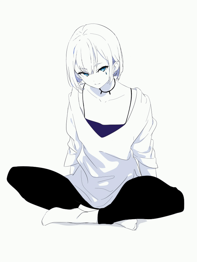 1girl, arm_support, bangs, camisole, collarbone, full_body, green_eyes, grey_hair