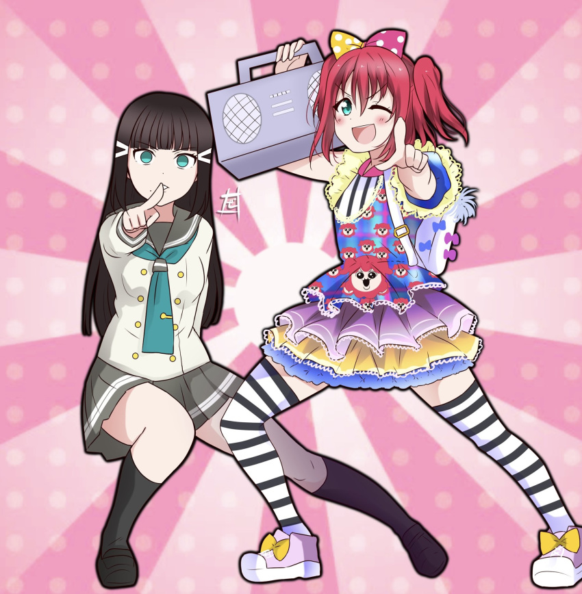 2girls, ;d, aqua_eyes, aqua_neckerchief, backpack, bag, bangs, black_footwear