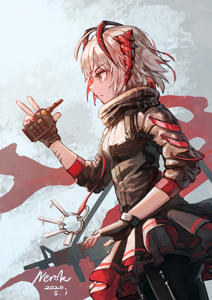 1girl, absurdres, ahoge, antennae, arknights, artist_name, black_jacket, black_pantyhose