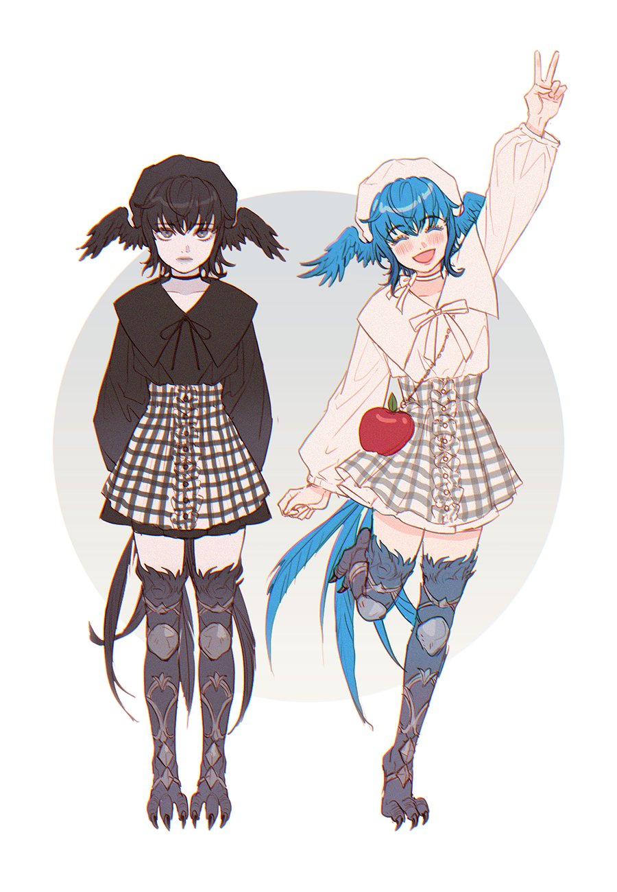 2girls, ^_^, ^o^, alternate_costume, arm_up, arms_behind_back, bag, bangs