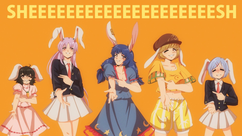 1990s_(style), 5girls, =_=, animal_ears, bangs, black_hair, black_jacket, blazer, blue_hair, blue_shirt, blue_skirt, blush, breasts, brown_hair, brown_headwear, cabbie_hat, carrot_necklace, collared_shirt, commentary, cowboy_shot, crescent, crescent_pin, crescent_print, earclip, english_commentary, floppy_ears, frilled_sleeves, frills, grin, hat, highres, inaba_tewi, jacket, jewelry, long_hair, long_sleeves, looking_at_viewer, medium_breasts, meme, midriff, multiple_girls, navel, necklace, necktie, one_eye_closed, orange_background, orange_shirt, pink_shirt, pink_skirt, pleated_skirt, print_skirt, puffy_short_sleeves, puffy_sleeves, rabbit_ears, rabbit_girl, rabbit_tail, red_eyes, red_necktie, reisen_(touhou_bougetsushou), reisen_udongein_inaba, retro_artstyle, ribbon-trimmed_skirt, ribbon_trim, ringo_(touhou), seiran_(touhou), sheesh_(meme), shirt, short_hair, short_sleeves, shorts, simple_background, skirt, small_breasts, smile, star_(symbol), star_print, step_arts, tail, touhou, twintails, very_long_hair, white_shirt, white_skirt, yellow_shorts