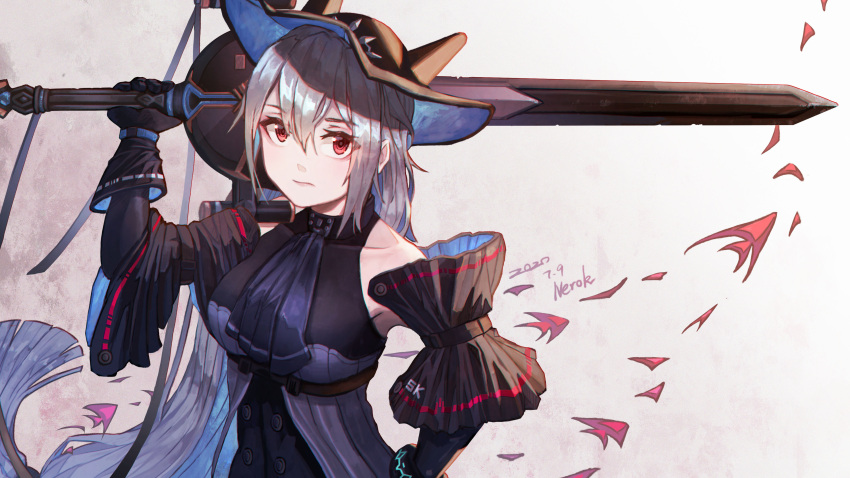 1girl, absurdres, arknights, artist_name, ascot, black_ascot, black_gloves, black_headwear
